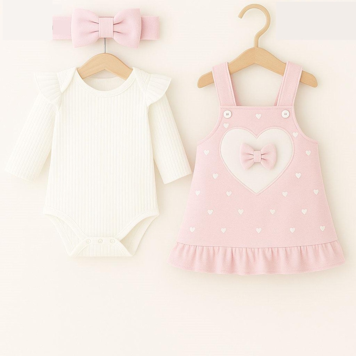 Kalp Desenli Pudra Kız Bebek Zıbın, Jile ve Bandana 3’lü Takım