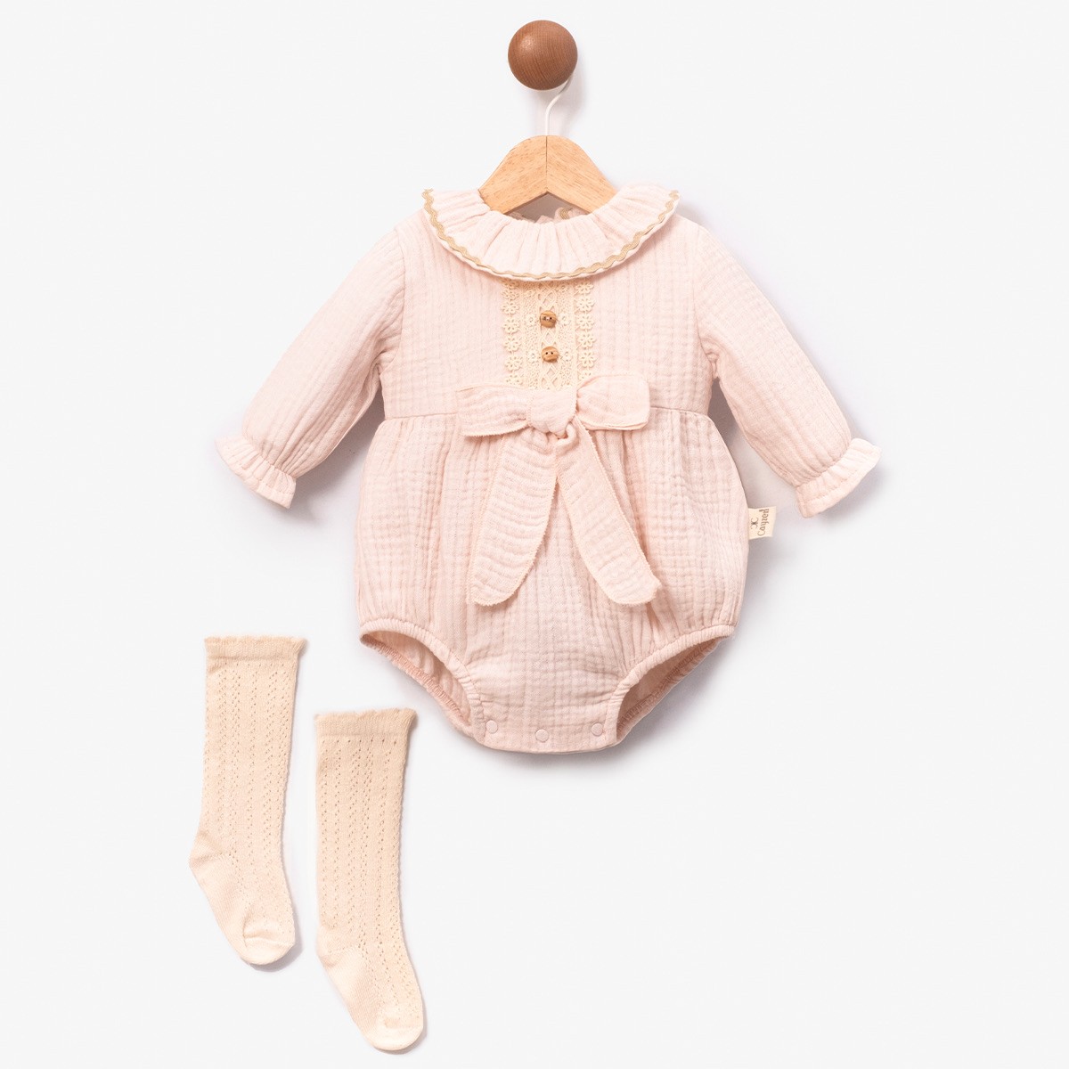Müslin Fiyonklu Romper-Pembe