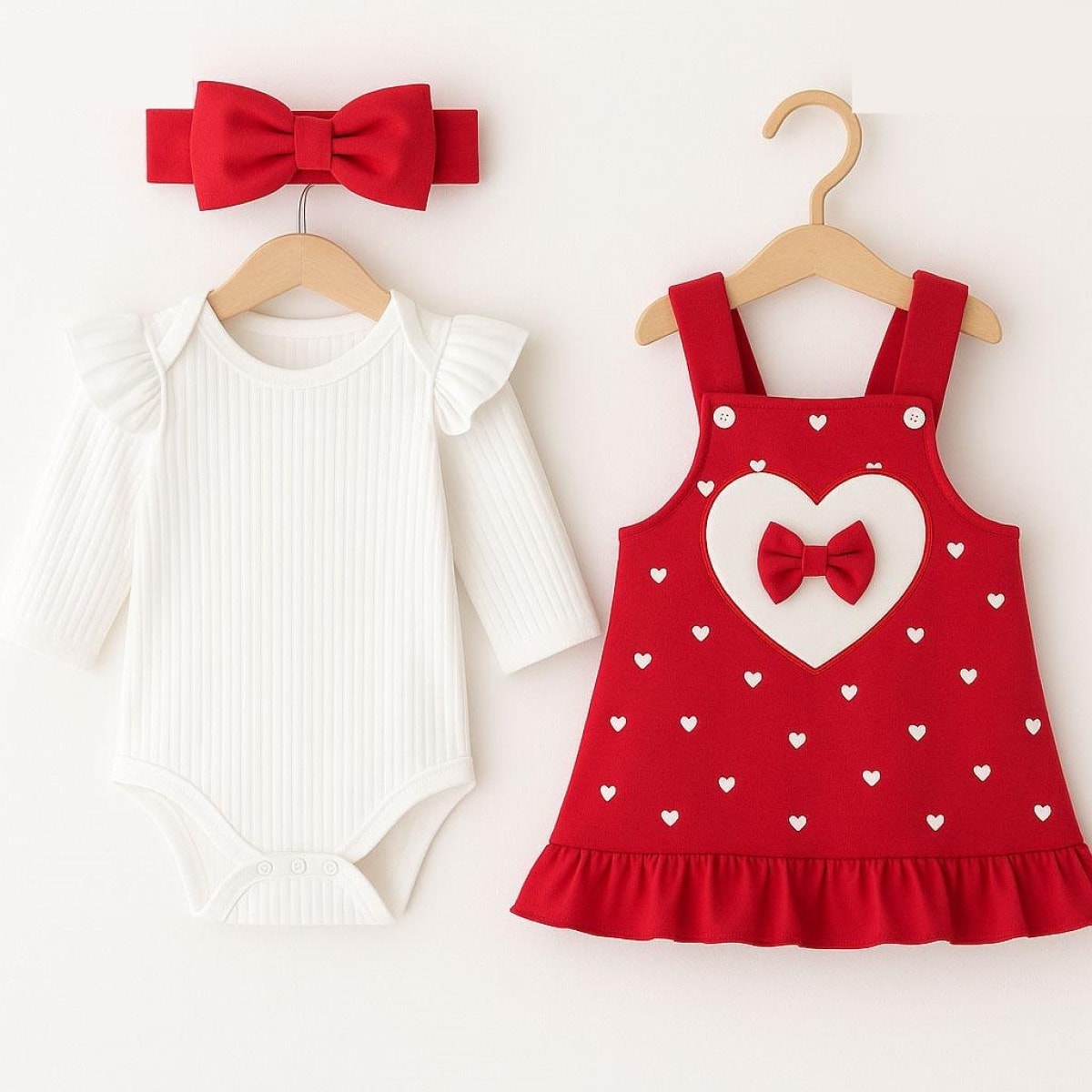 Kalp Desenli Kırmızı Kız Bebek Zıbın, Jile ve Bandana 3’lü Takım
