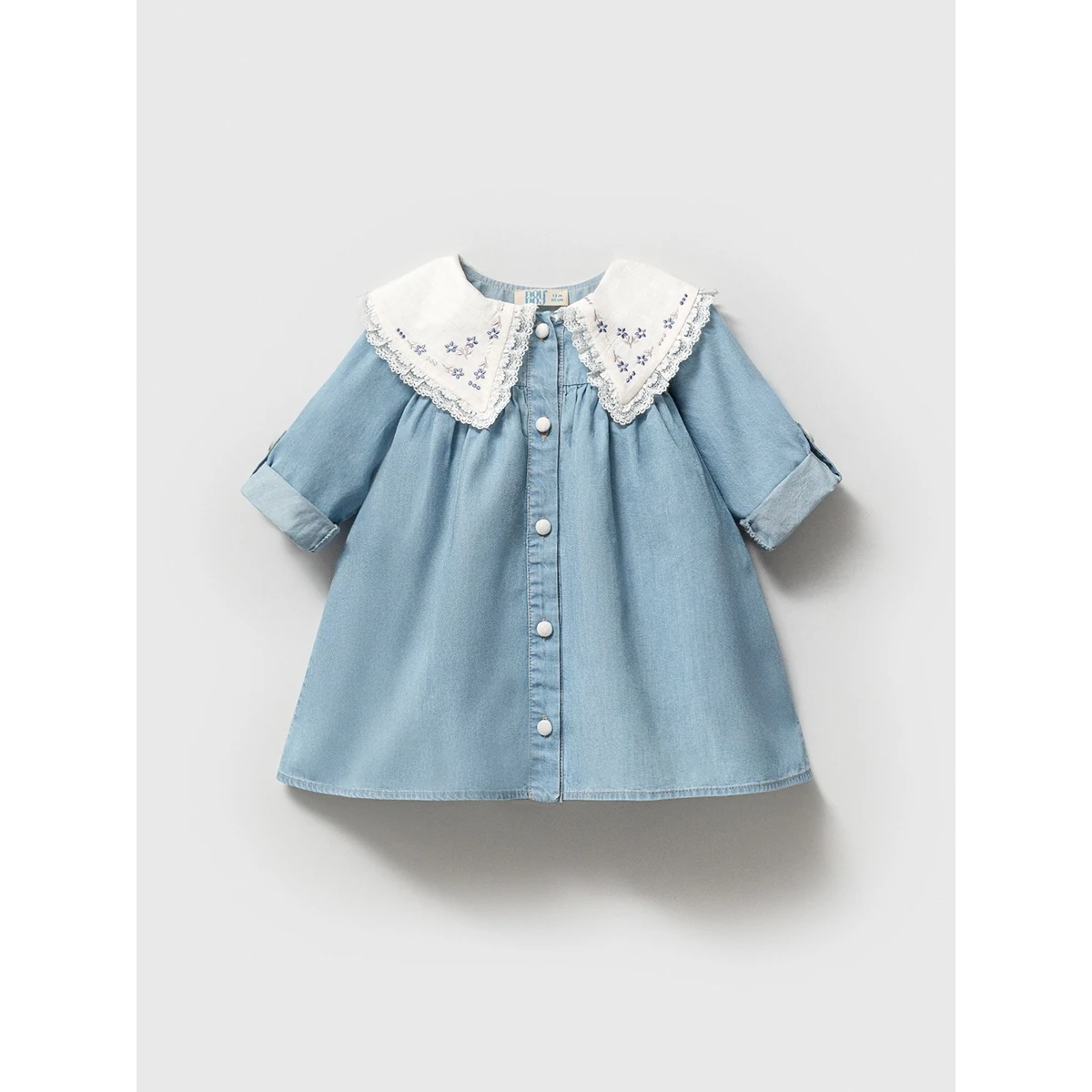 Yaka İşlemeli Denim Kız Bebek Elbise