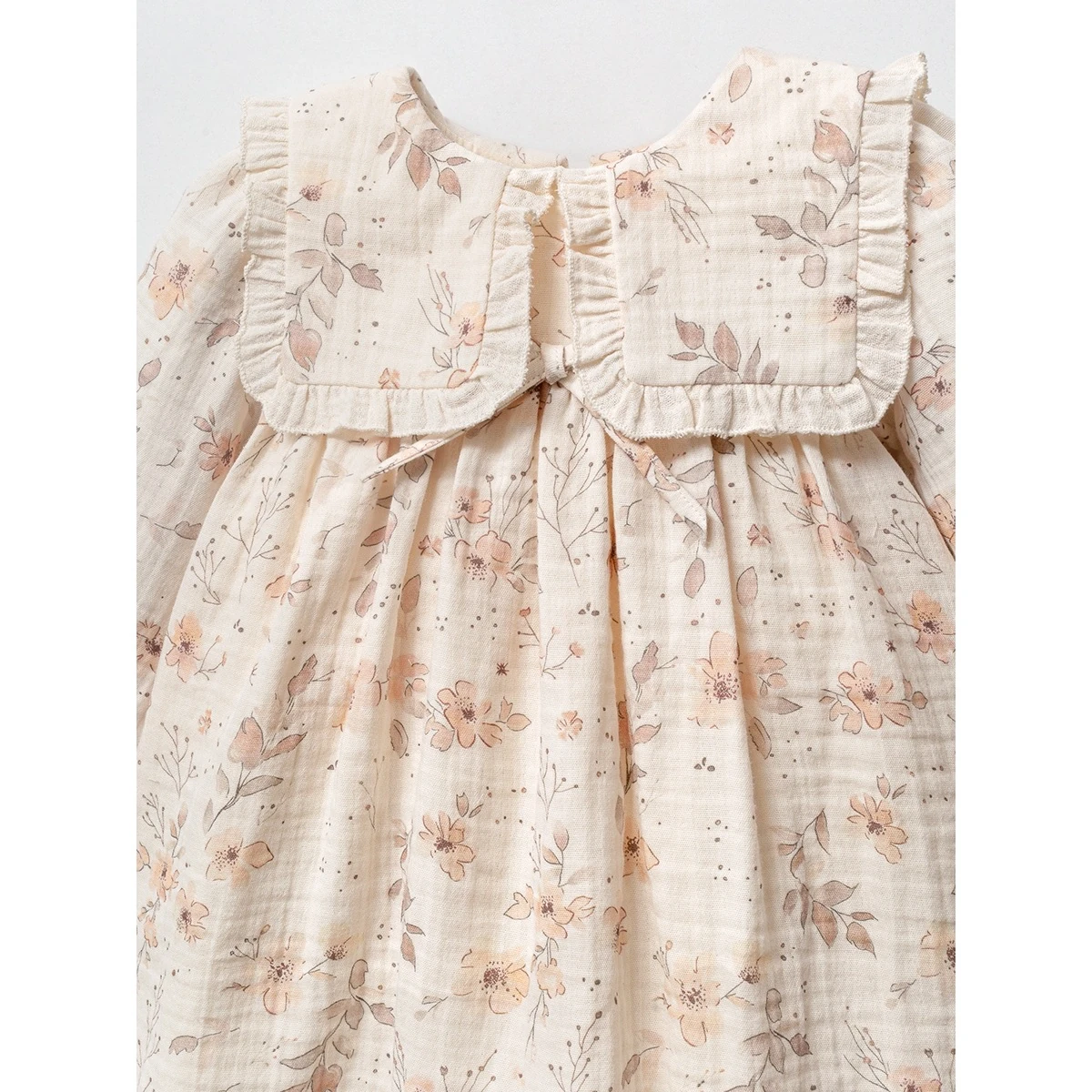Çiçek Desenli Yaka Detaylı Müslin Kumaş Premium Kız Bebek Elbise