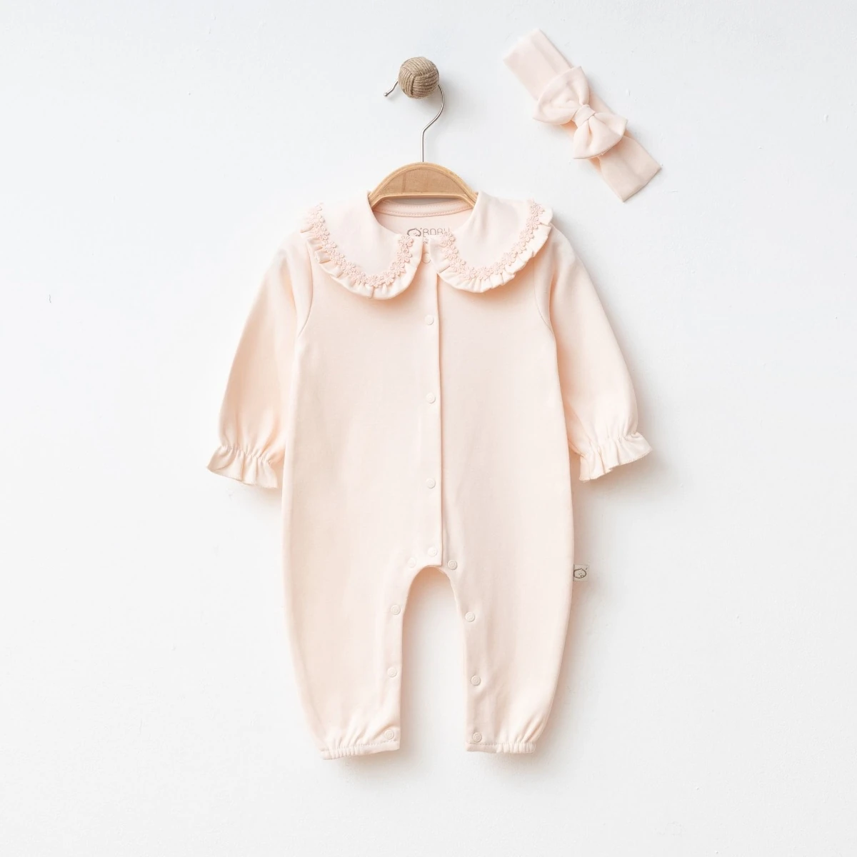 Somon Yakası Çiçek İşlemeli Kız Bebek %100 Pamuk Tulum Bandana Seti