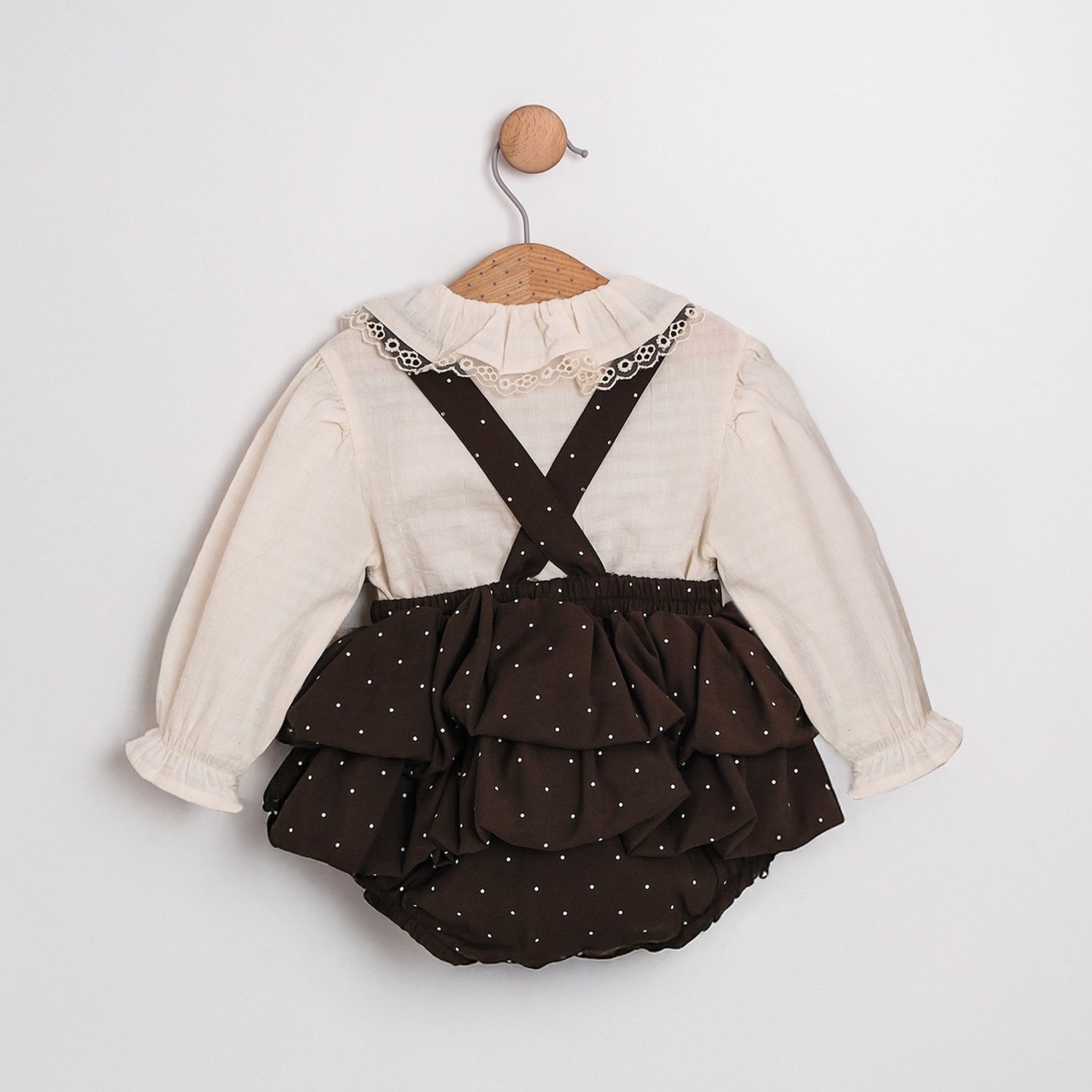 Kahverengi Vintage Premium Kız Bebek Tulum ve Müslin Gömlek Takım 