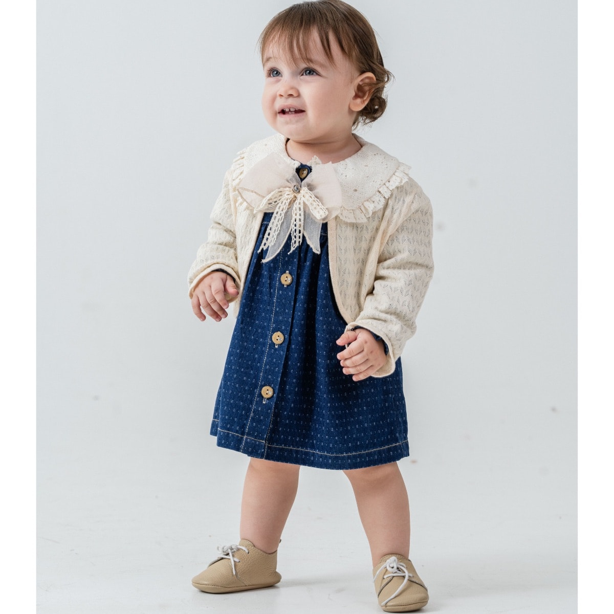Kız Bebek Denim Elbise Örgü Hırka ve Çanta 3’lü Takım