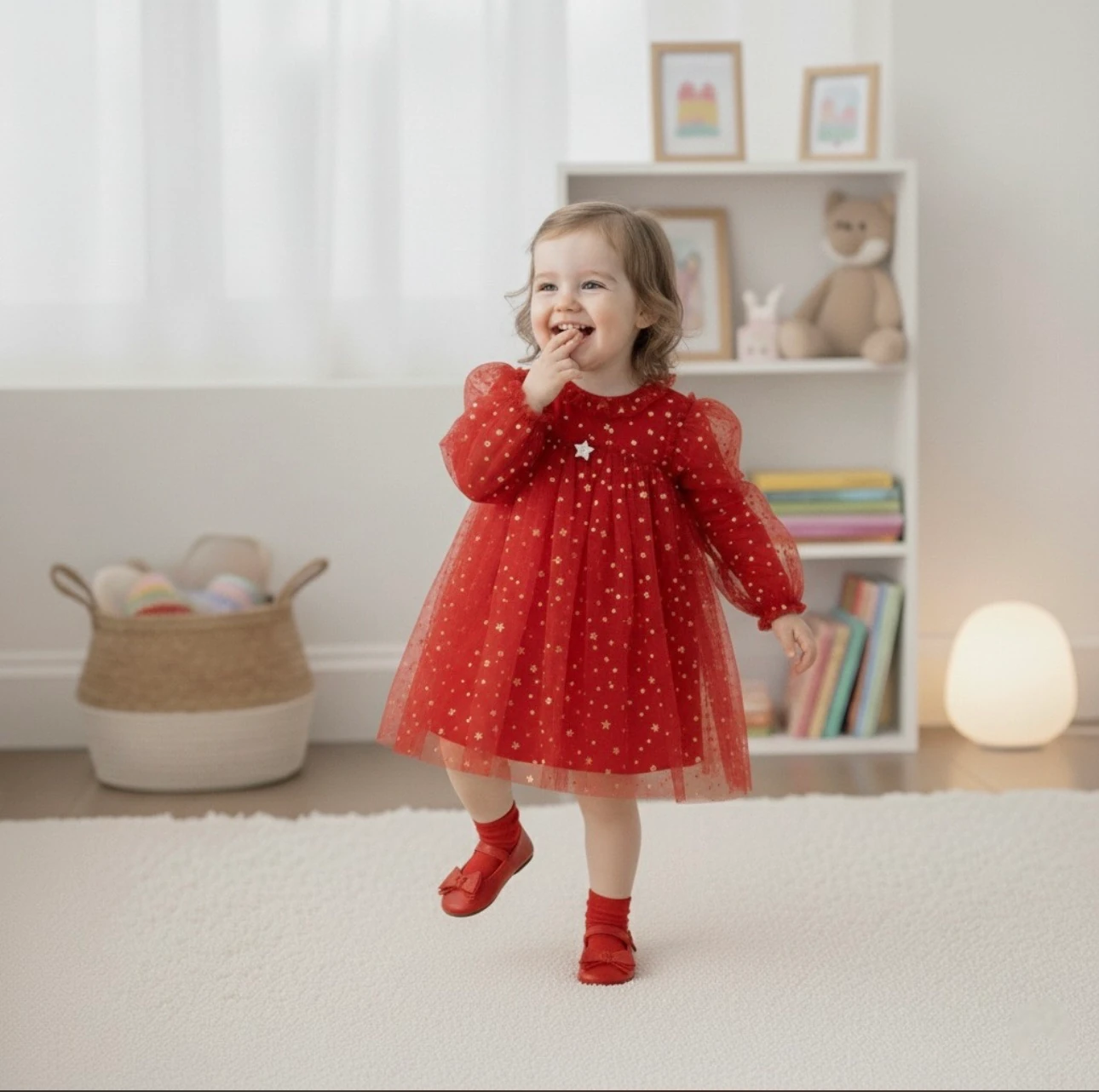 Gold Yıldız Detaylı Tüllü Kız Bebek Özel Gün Elbisesi