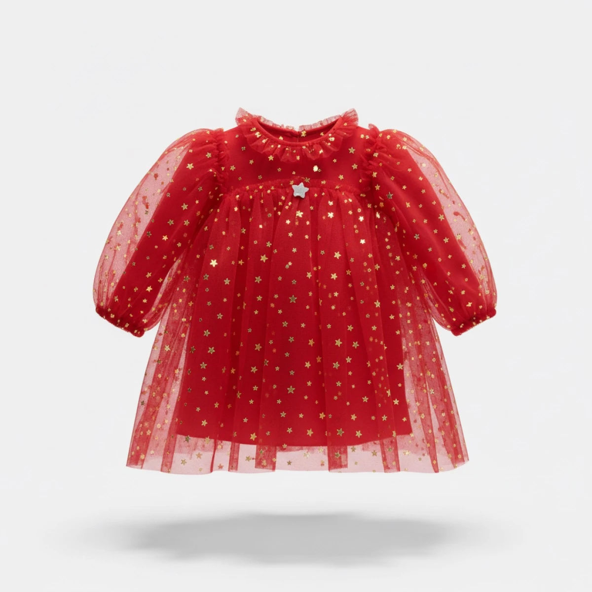 Gold Yıldız Detaylı Tüllü Kız Bebek Özel Gün Elbisesi