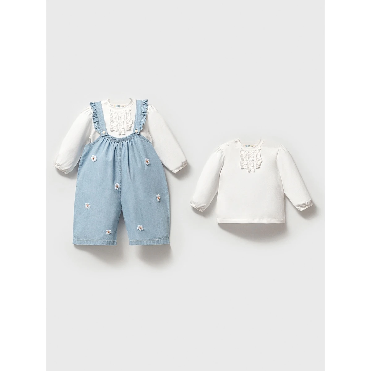 Papatya İşlemeli Kız Bebek Denim Tulum ve Fırfırlı Yakalı Body Takım