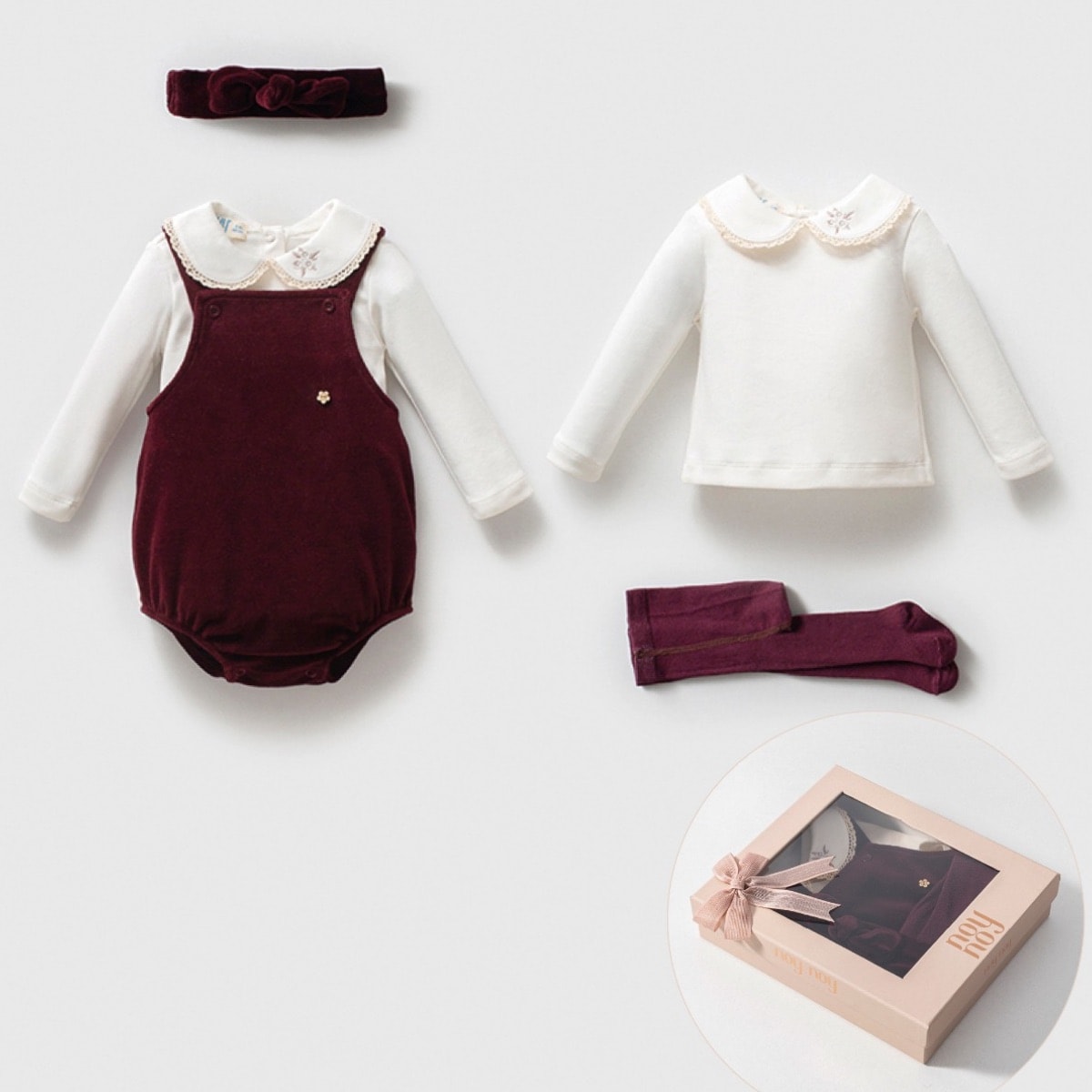 Kız Bebek Bordo Kadife Romper Takım – Uzun Kollu Bluz, Çorap ve Bandana Hediyelik Set