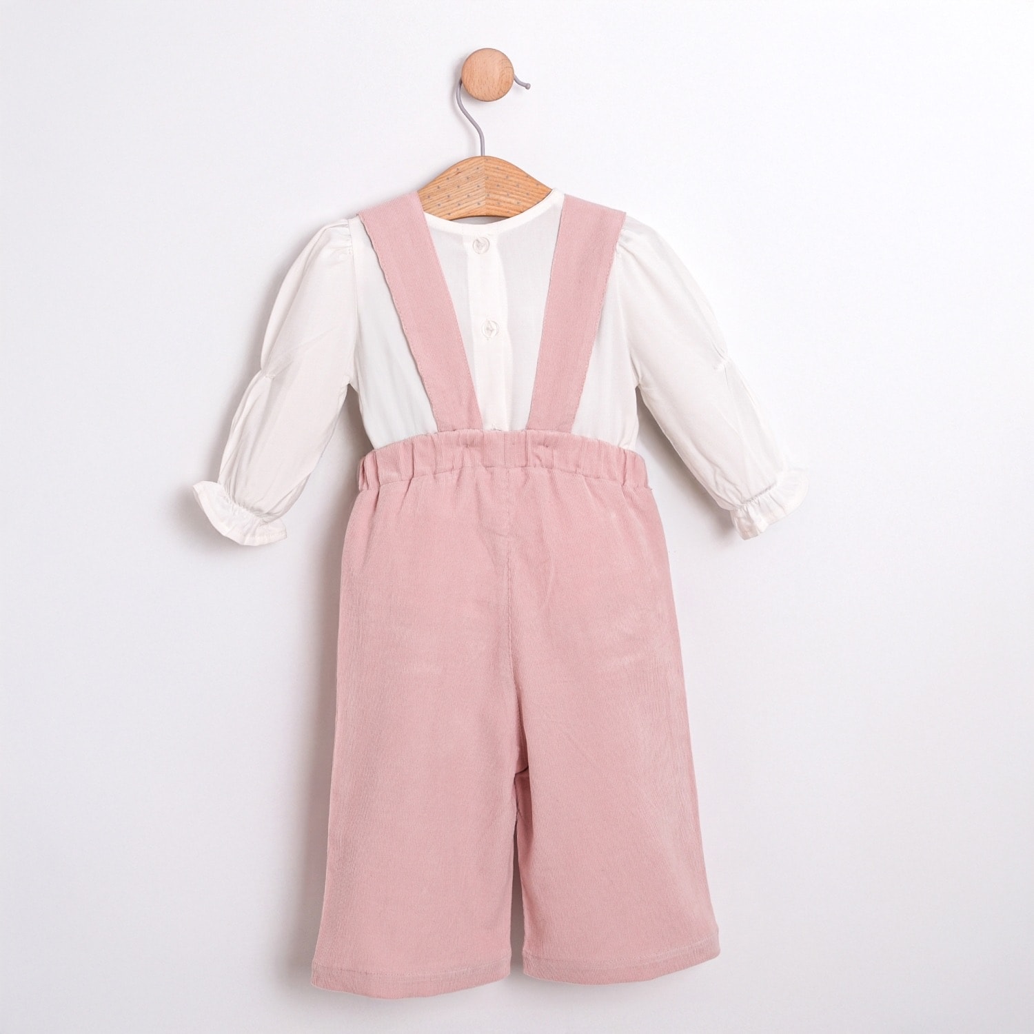 Pembe Kız Bebek Dantel Yakalı Tulum ve Gömlek Takım
