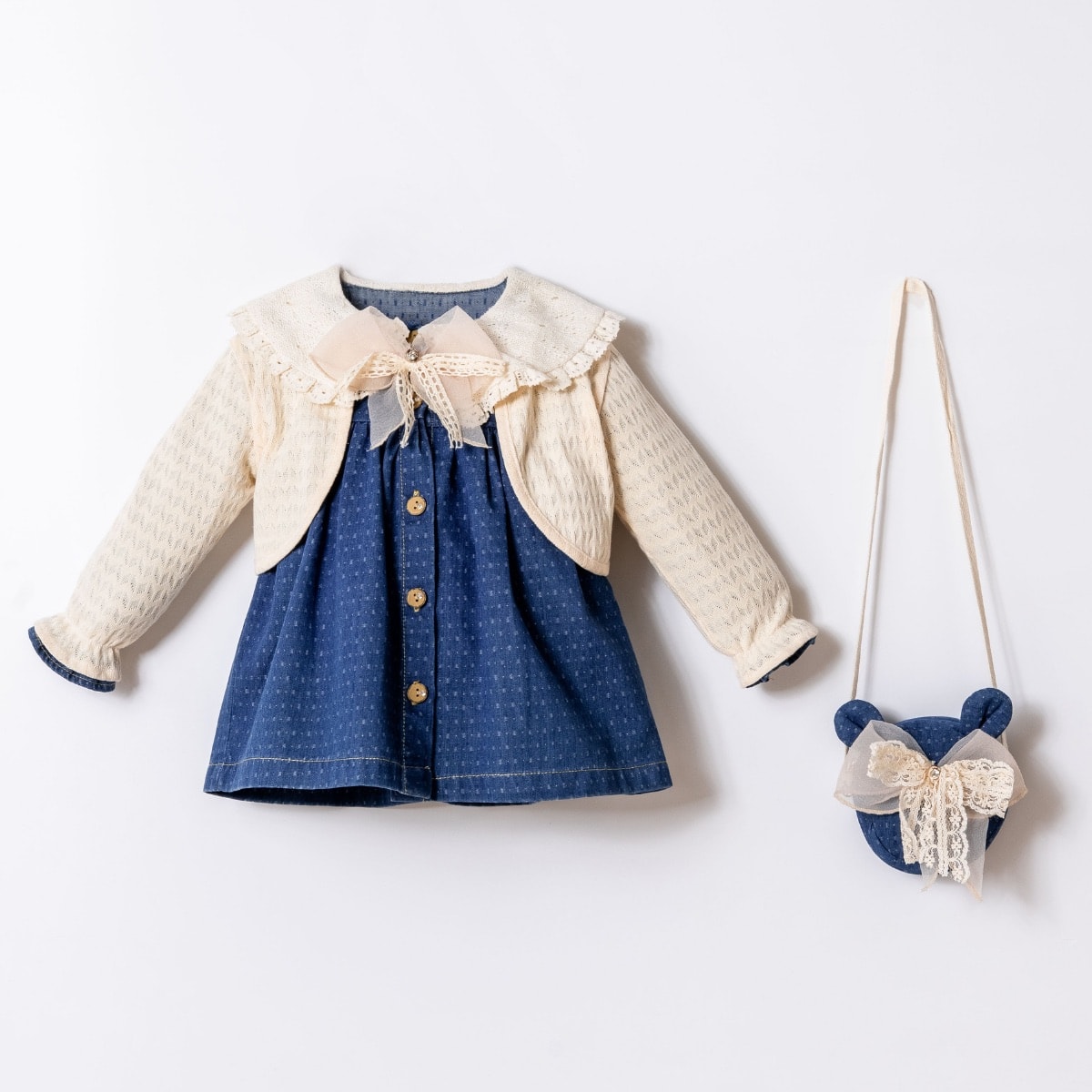 Kız Bebek Denim Elbise Örgü Hırka ve Çanta 3’lü Takım