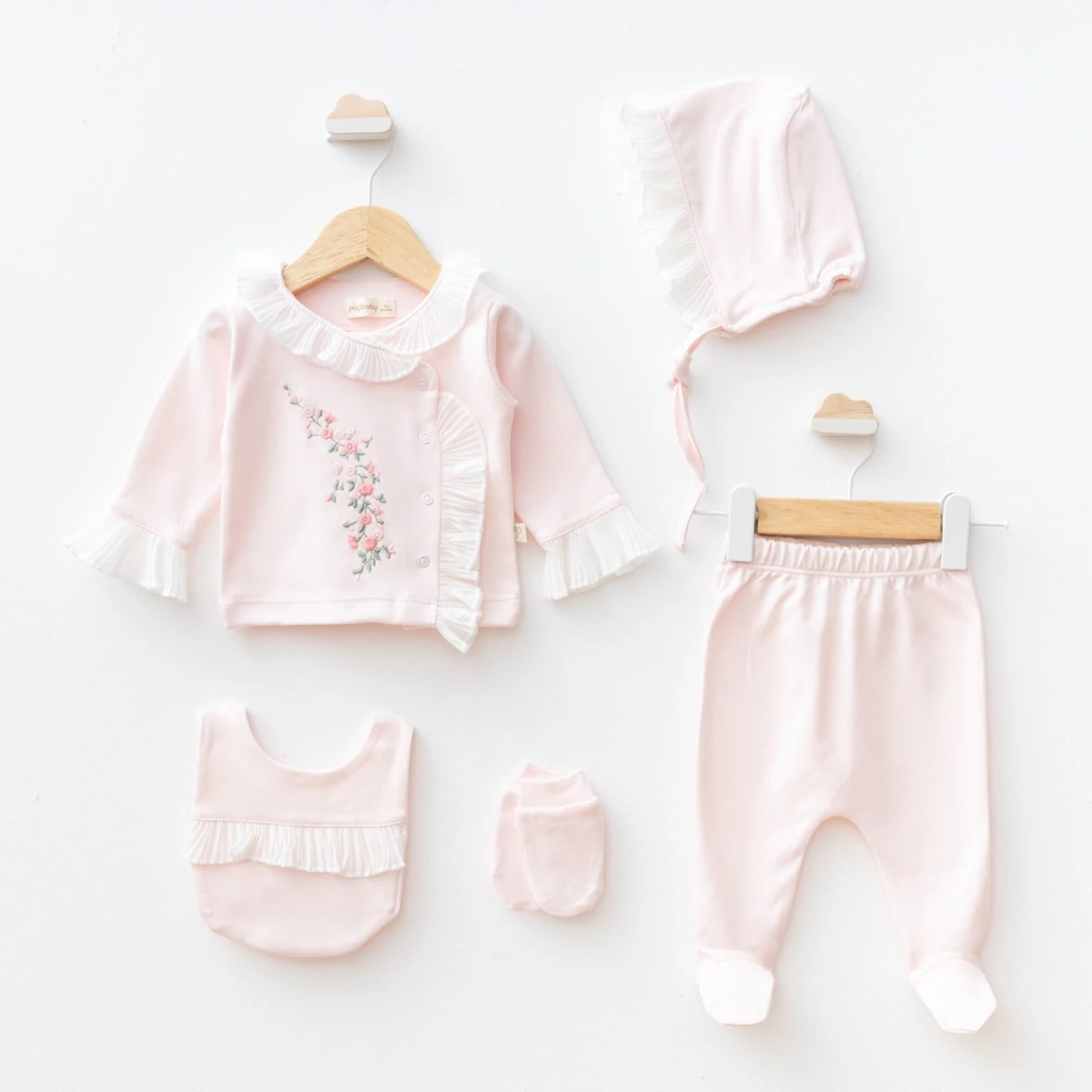 Pembe Kaneviçe İşlemeli Kız Bebek 5'li Hastane Çıkış Seti