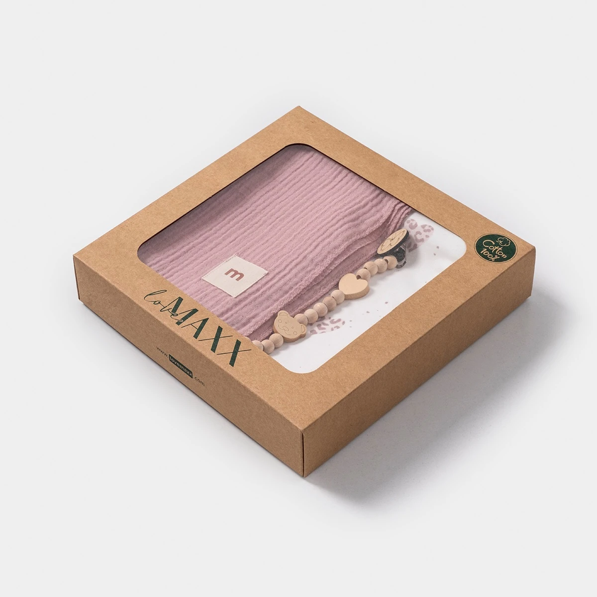 Pamuklu Kalp Desenli Penye ve Müslin 2’li Battaniye ve Emzik Askısı Seti