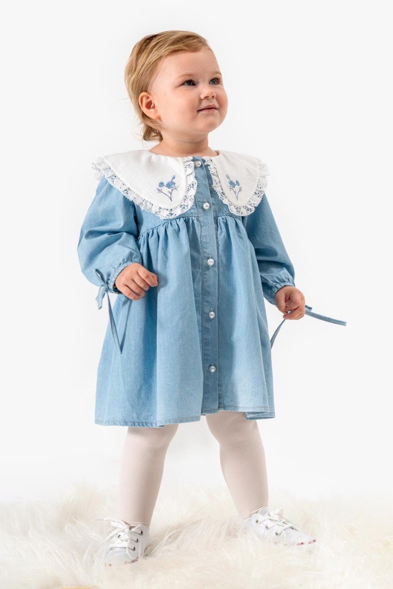 Yakası İşleme Detaylı Kız Bebek Denim Elbise