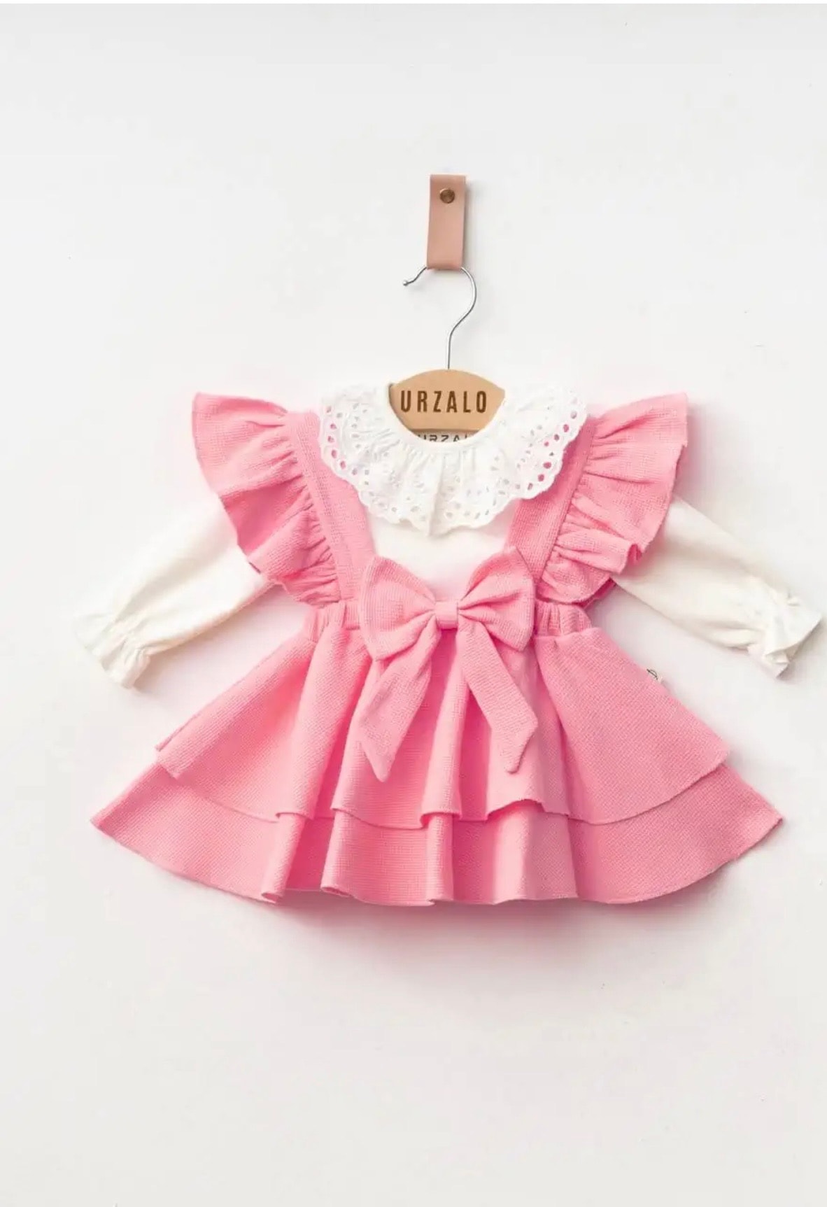 Pembe Fiyonklu Kız Bebek Jile Elbise ve Dantel Yaka Detaylı Body Takımı