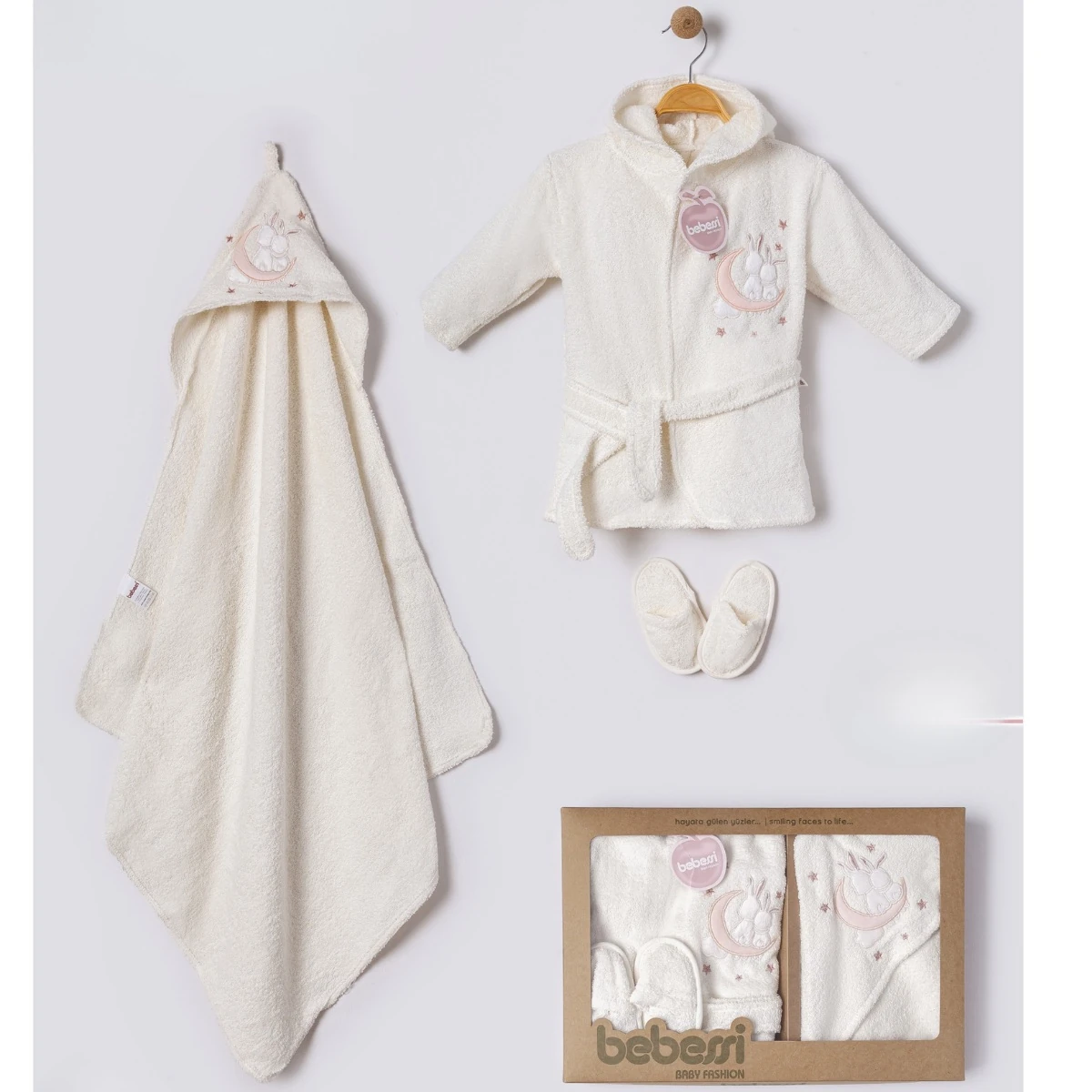 Krem Unisex Havlu ve Bornoz Seti