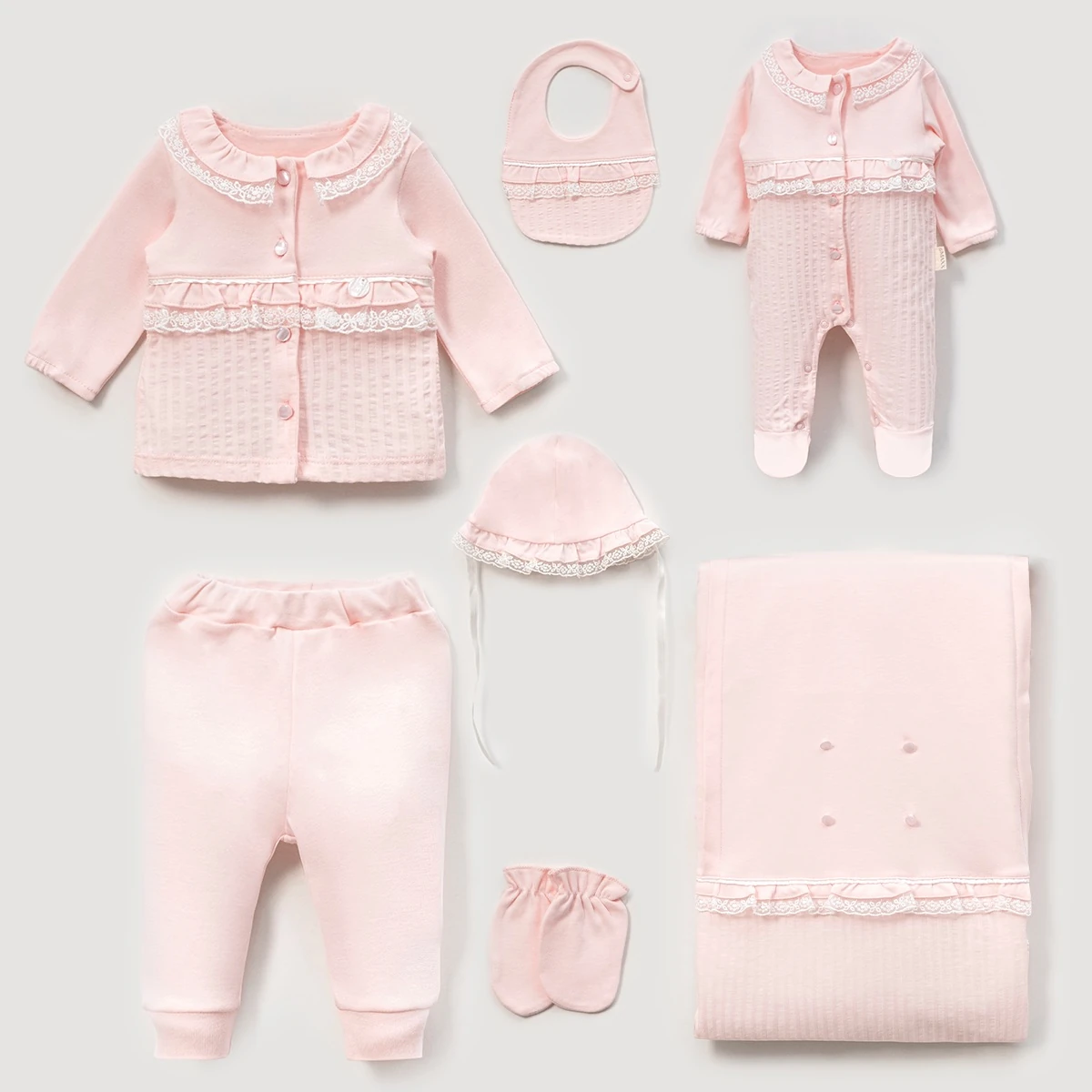 Pembe İşlemeli Tül Detaylı Kız Bebek Premium Yenidoğan Hastane Çıkış Seti