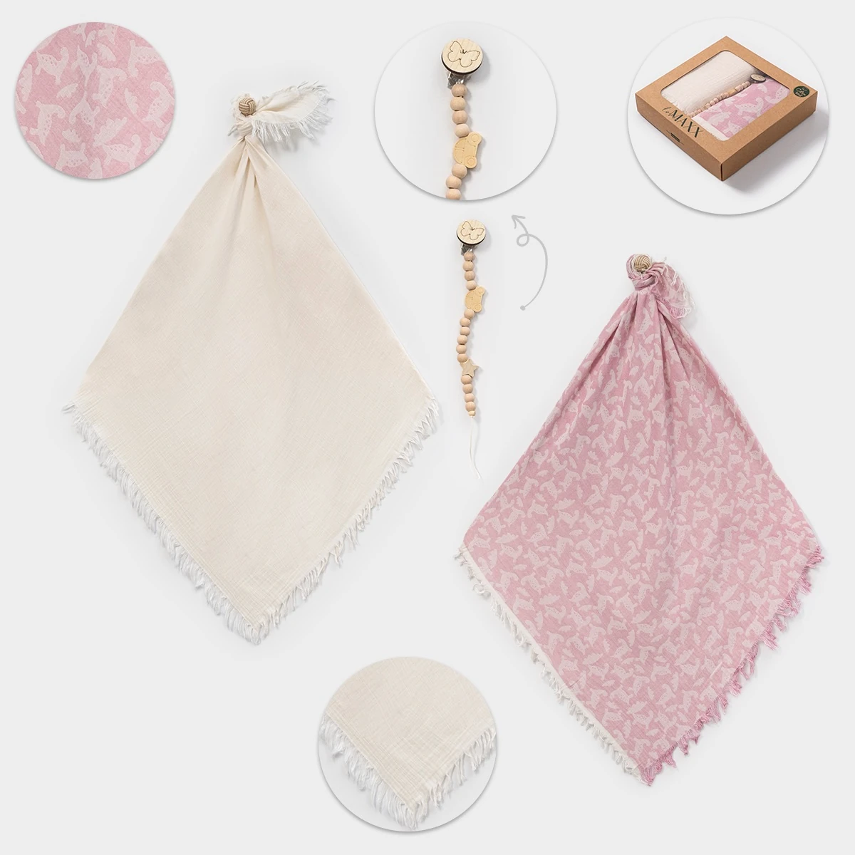 Pamuklu Müslin 2’li Battaniye Takımı ve Emzik Askısı Seti