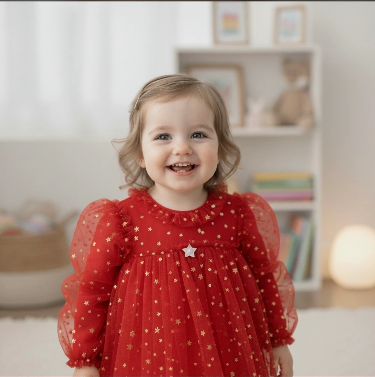 Gold Yıldız Detaylı Tüllü Kız Bebek Özel Gün Elbisesi