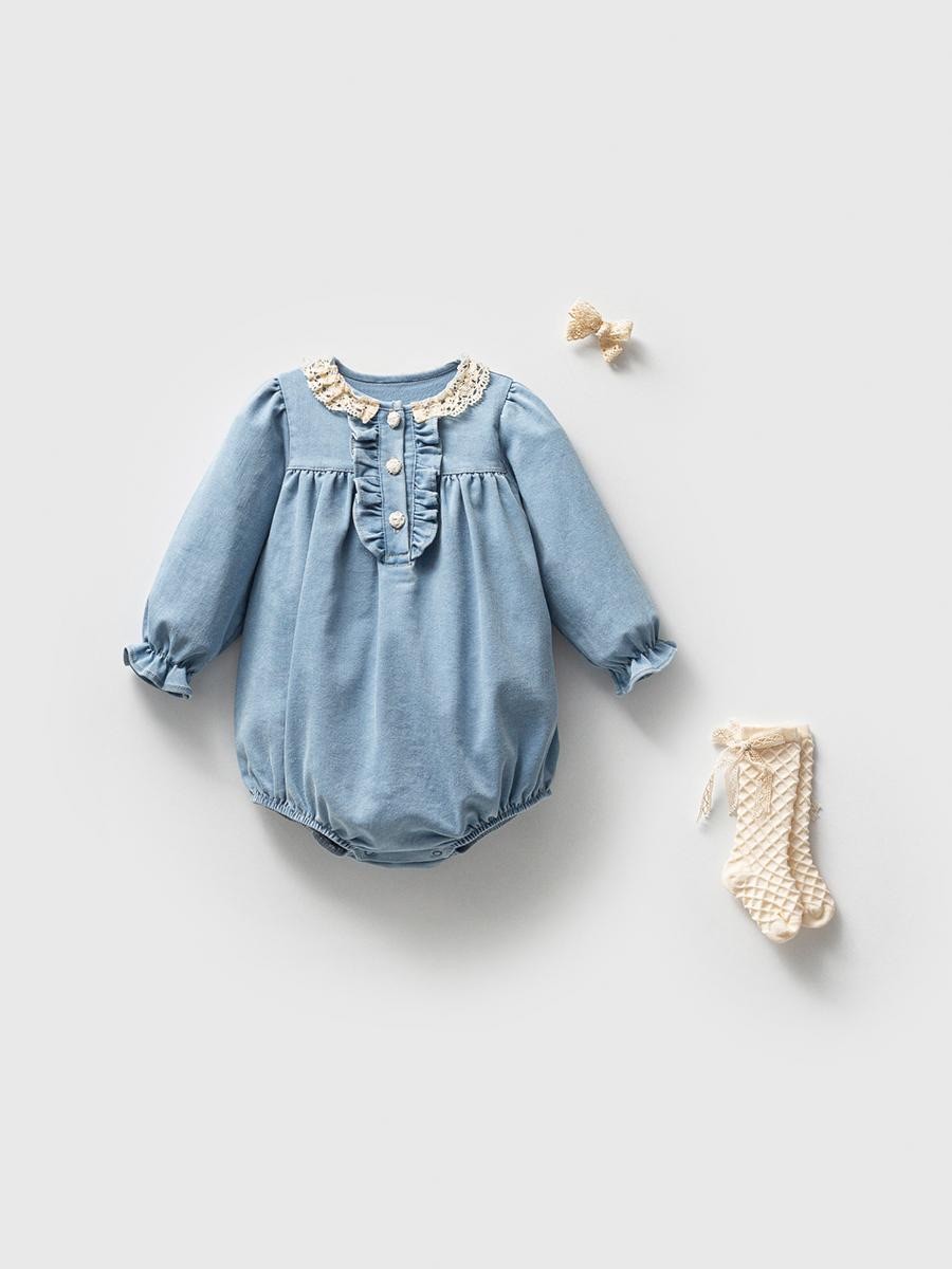 İşleme Yaka Detaylı Denim Kız Bebek Romper