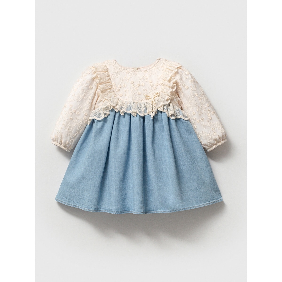 Dantel İşlemeli Yaka Detaylı Kız Bebek Denim Elbise