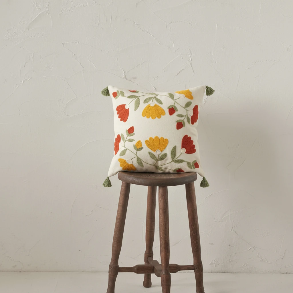 Sarı Kırmızı Çiçek Nakışlı Püsküllü Dekoratif Kırlent Kılıfı (İç Dolgusuz)