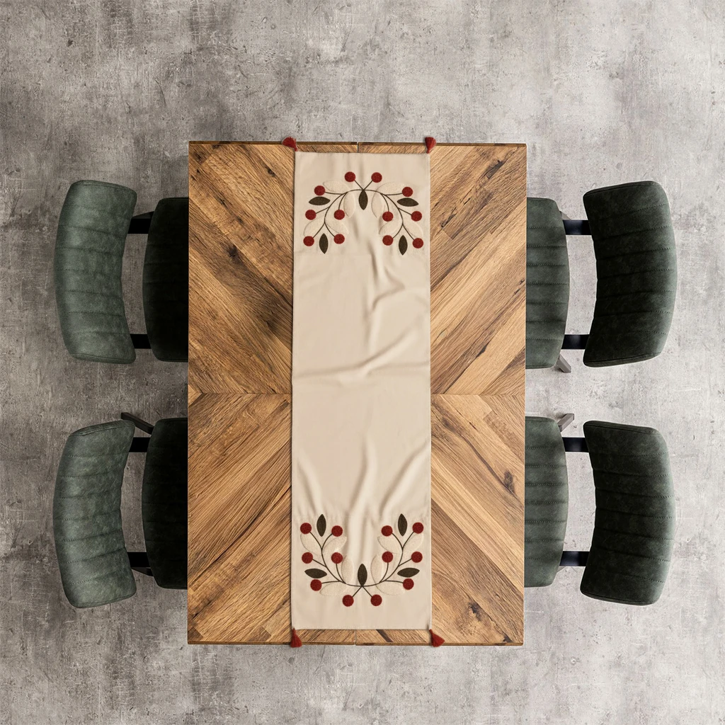 Doğal Yaprak İşlemeli Runner - Kırmızı