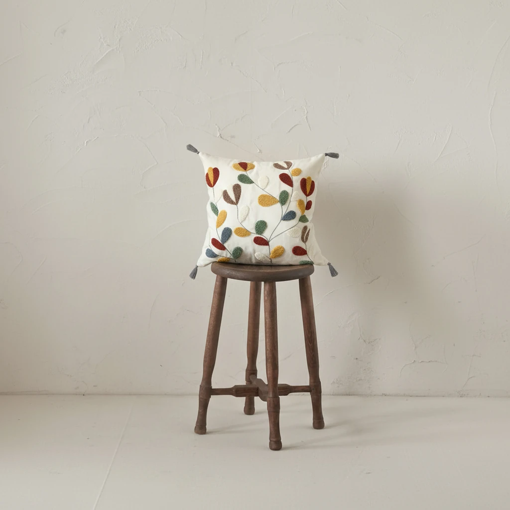 Renkli Yaprak Desenli Püsküllü Dekoratif Kırlent Kılıfı (İç Dolgusuz)