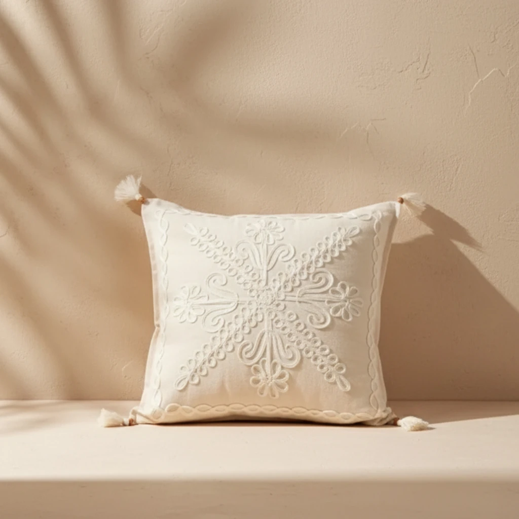 Buldan Bezi Otantik Bohem Hediyelik Dekoratif Lase Işlemeli Ponponlu Dekoratif Çapraz Laseli Kırlent Kılıfı (İç Dolgusuz)