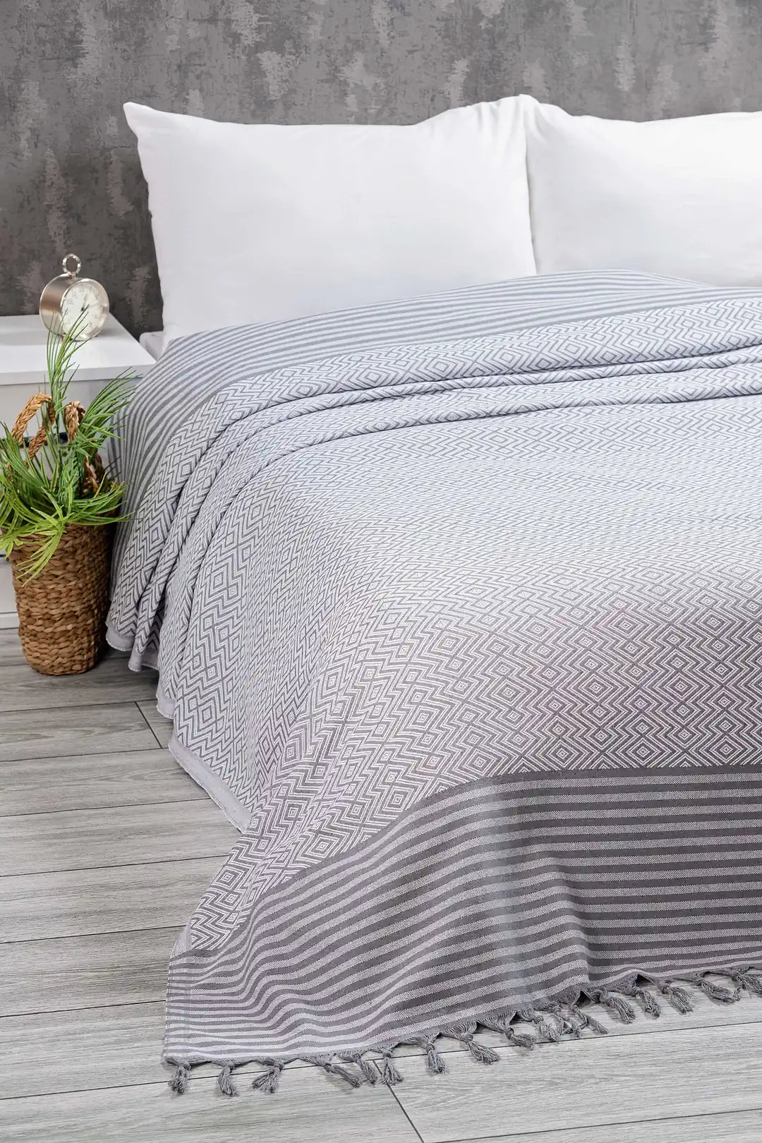 Peştamal Dokuma Çift Kişilik Yatak Pike Piknik Plaj Koltuk Örtüsü - gri