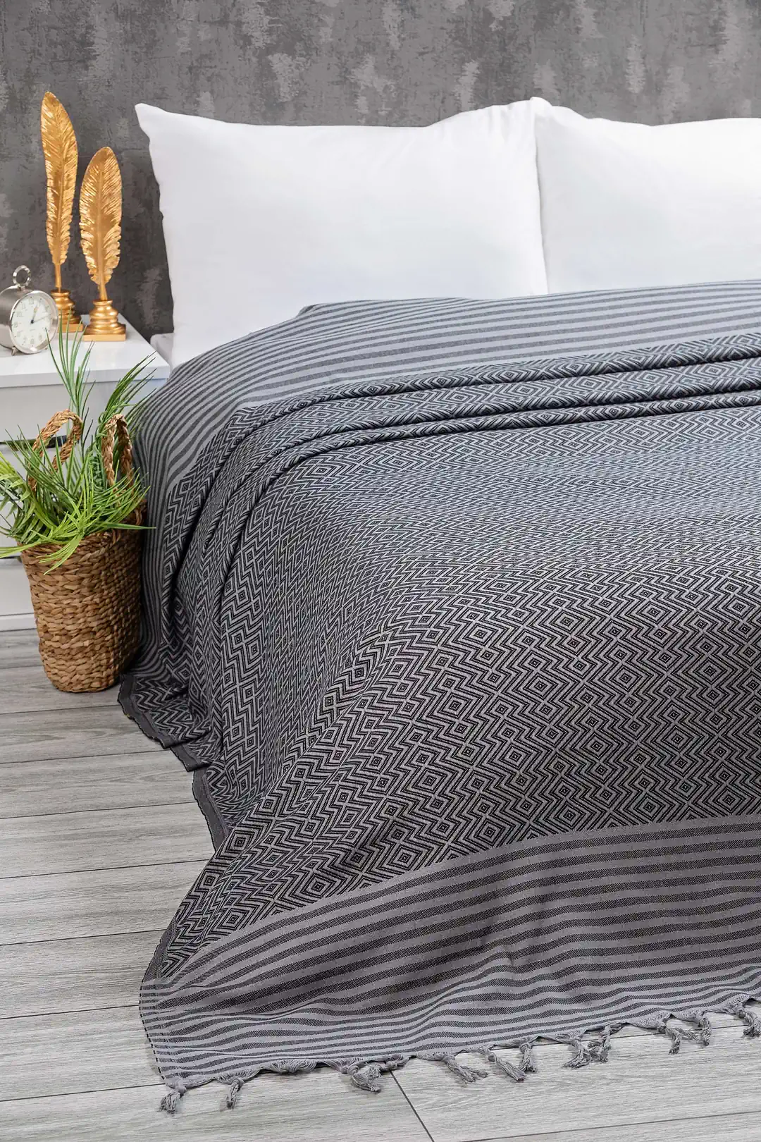 Peştamal Dokuma Çift Kişilik Yatak Pike Piknik Plaj Koltuk Örtüsü - Koyu Gri