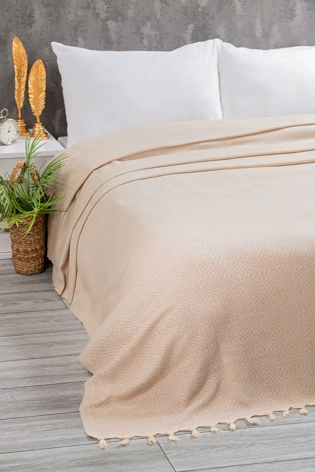 Peştamal Dokuma Çift Kişilik Yatak Pike Piknik Plaj Koltuk Örtüsü - bej