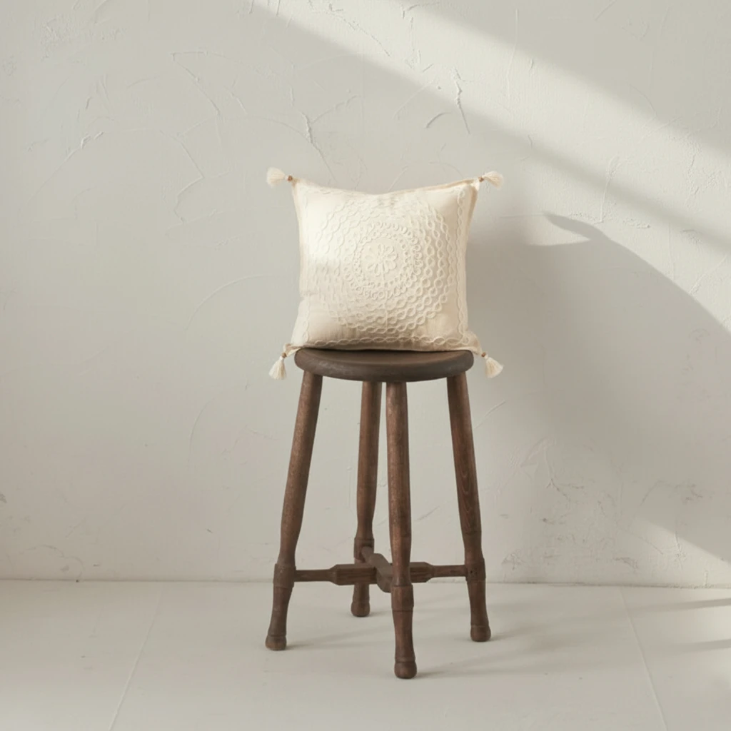 Buldan Bezi Otantik Bohem Hediyelik Dekoratif Lase Işlemeli Ponponlu Dekoratif Spiral Laseli Kırlent Kılıfı (İç Dolgusuz)