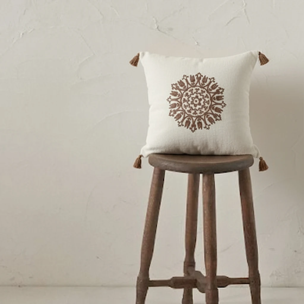 Buldan Bezi Hediyelik Dekoratif Süzene Nakışlı Ponponlu Dekoratif Çini Kırlent Kılıfı (İç Dolgusuz) - kahverengi