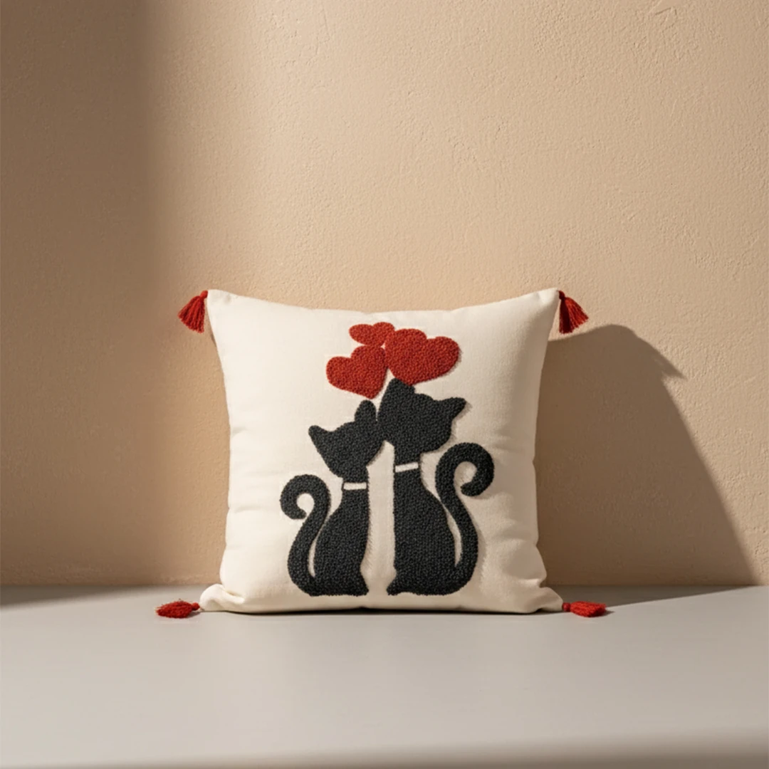 Romantik Kedi Motifli Dekoratif Kırlent Kılıfı (İç Dolgusuz)