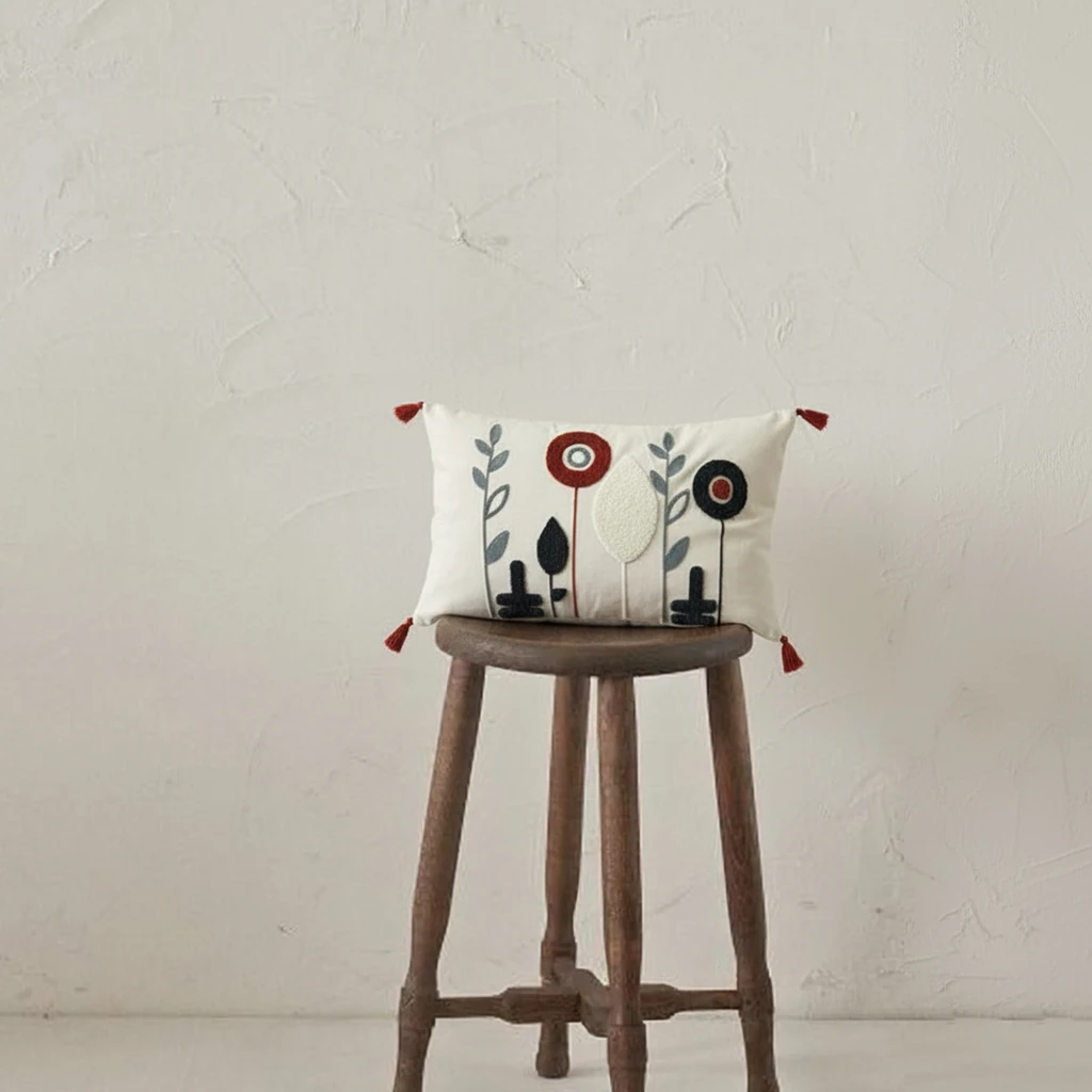 Retro Çiçek Desenli Dikdörtgen Dekoratif Kırlent Kılıfı (İç Dolgusuz)