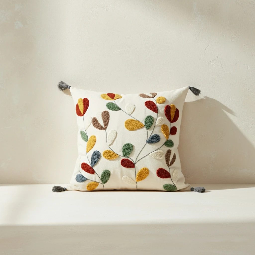 Renkli Yaprak Desenli Püsküllü Dekoratif Kırlent Kılıfı (İç Dolgusuz)