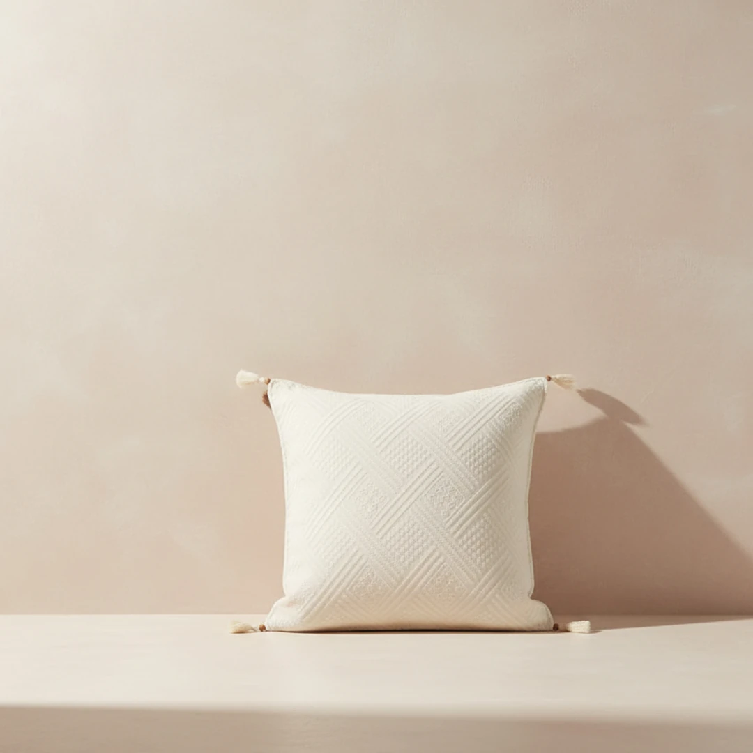 Buldan Bezi Otantik Bohem Hediyelik Dekoratif Lase İşlemeli Ponponlu Dekoratif Geometrik Çapraz Desenli Kırlent Kılıfı (İç Dolgusuz)