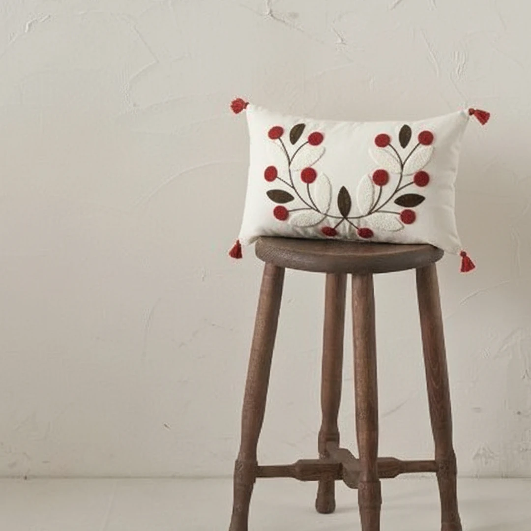 Papatya Bohem Punch Nakışlı Dikdörtgen Kırlent Kılıfı (İç Dolgusuz) - Kırmızı