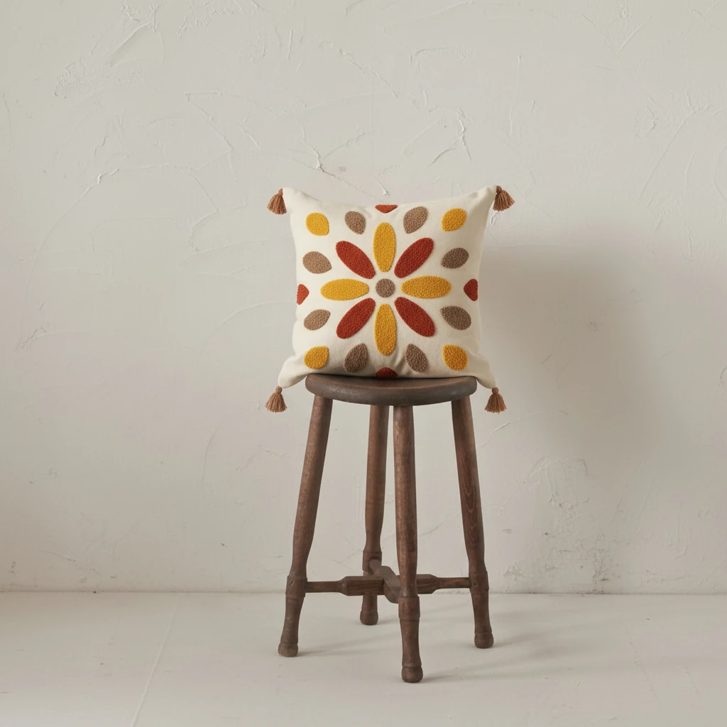 Retro Çiçek Motifli Nakışlı Dekoratif Kırlent Kılıfı (İç Dolgusuz)