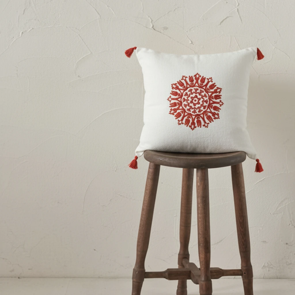 Buldan Bezi Hediyelik Dekoratif Süzene Nakışlı Ponponlu Dekoratif Çini Kırlent Kılıfı (İç Dolgusuz) - kiremit