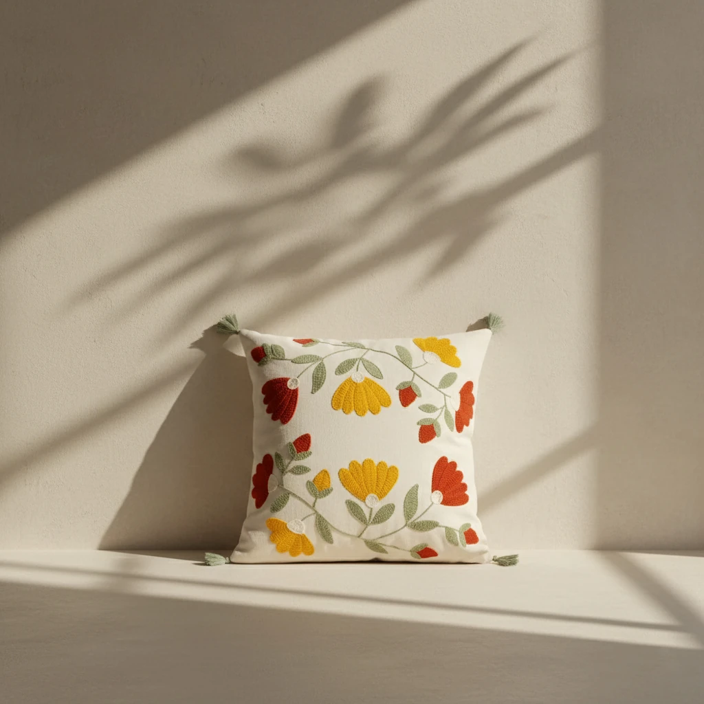 Sarı Kırmızı Çiçek Nakışlı Püsküllü Dekoratif Kırlent Kılıfı (İç Dolgusuz)