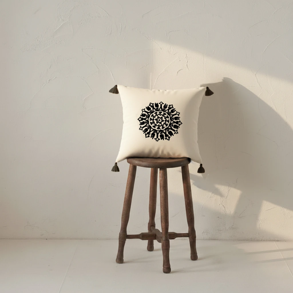 Buldan Bezi Hediyelik Dekoratif Süzene Nakışlı Ponponlu Dekoratif Çini Kırlent Kılıfı (İç Dolgusuz) - Siyah