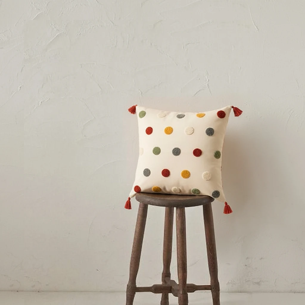 Renkli Puantiye Nakışlı Dekoratif Kırlent Kılıfı (İç Dolgusuz)