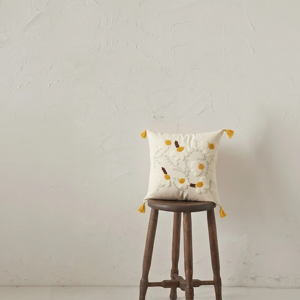 Papatya Motifli Püsküllü Dekoratif Kırlent Kılıfı (İç Dolgusuz)