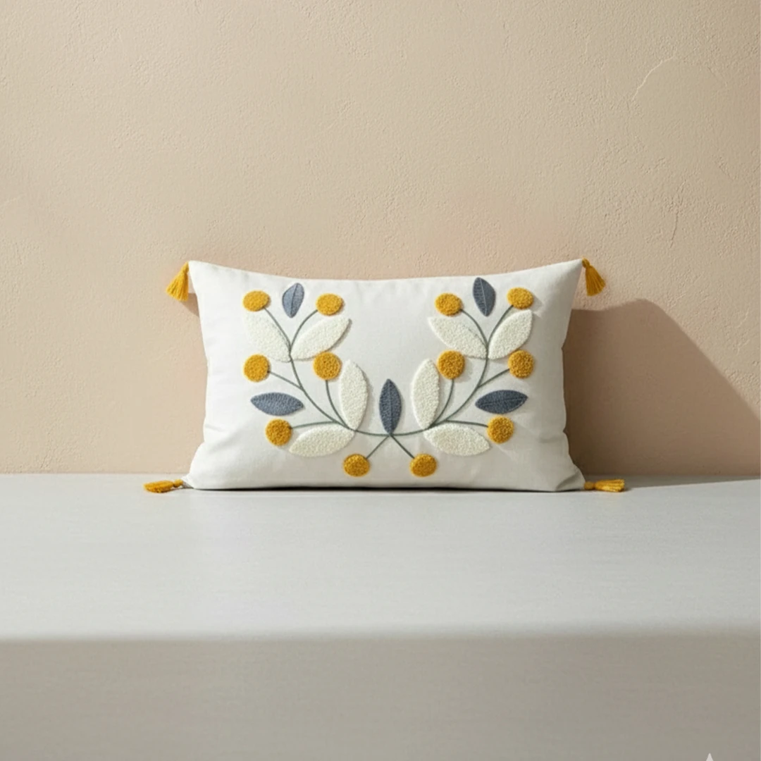 Papatya Bohem Punch Nakışlı Dikdörtgen Kırlent Kılıfı (İç Dolgusuz)