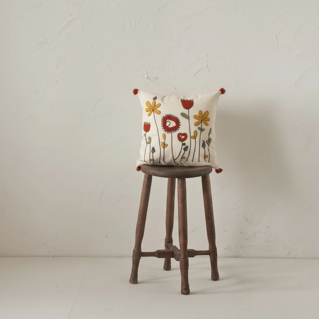 Renkli Çiçek Bahçesi Nakışlı Dekoratif Kırlent Kılıfı (İç Dolgusuz)