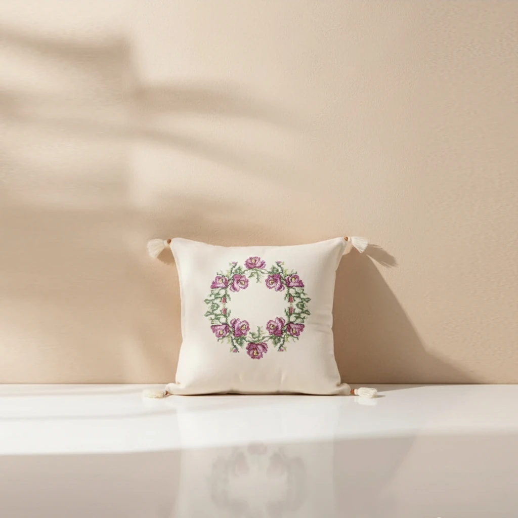 Buldan Işi Bohem Mor Kanaviçeli Dekoratif Kırlent Kılıfı (İç Dolgusuz)