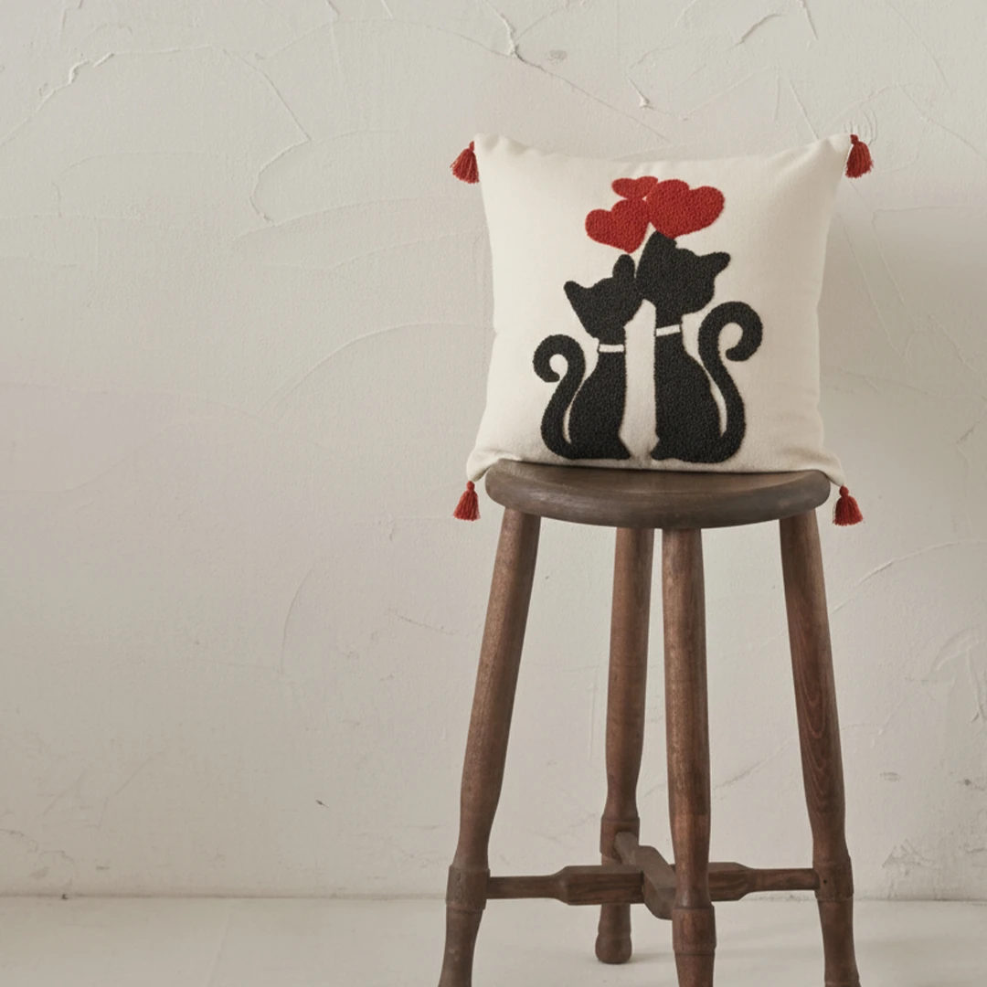 Romantik Kedi Motifli Dekoratif Kırlent Kılıfı (İç Dolgusuz)