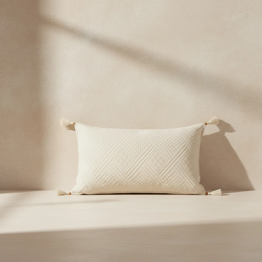 Buldan Bezi Otantik Bohem Hediyelik Dekoratif Lase İşlemeli Ponponlu Dekoratif Geometrik Çapraz Desenli Kırlent Kılıfı (İç Dolgusuz)