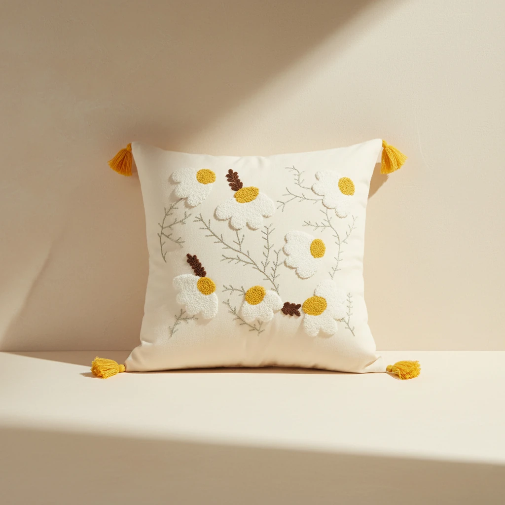 Papatya Motifli Püsküllü Dekoratif Kırlent Kılıfı (İç Dolgusuz)